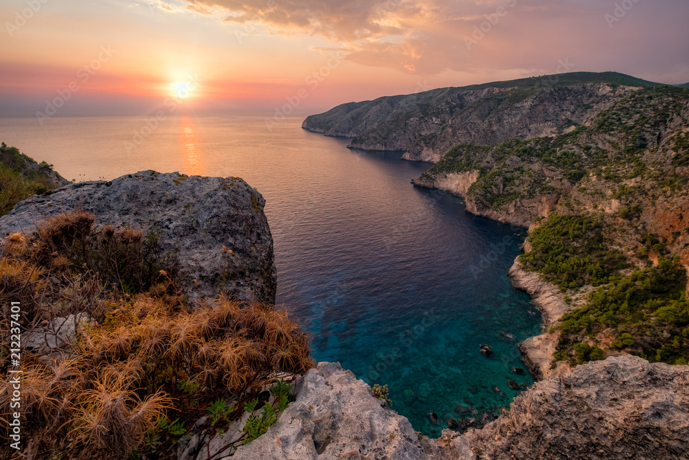 Ocean coastline landscape view at sunset, Zakynthos island, Greece