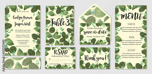 Greenery wedding menu, information, label, table number, envelope and place card design with wax flowers, eucalyptus branches, roses leaves. Vector set
