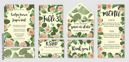 Wedding menu, information, label, table number and place card design with elegant cream garden rose, wax flowers eucalyptus leaves. Vector template set