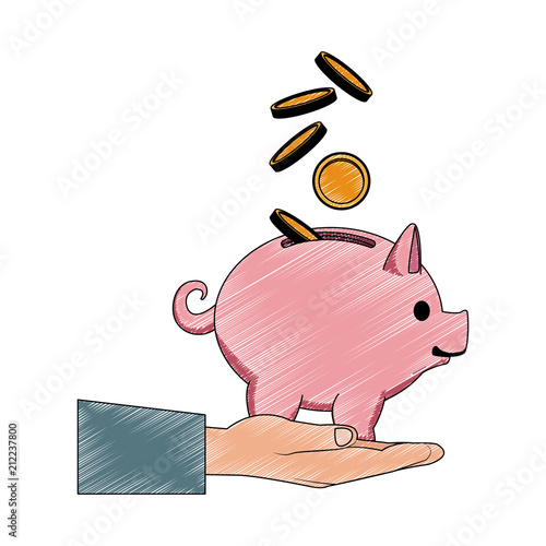 Hand depositing coin into piggy vector illustration graphic design