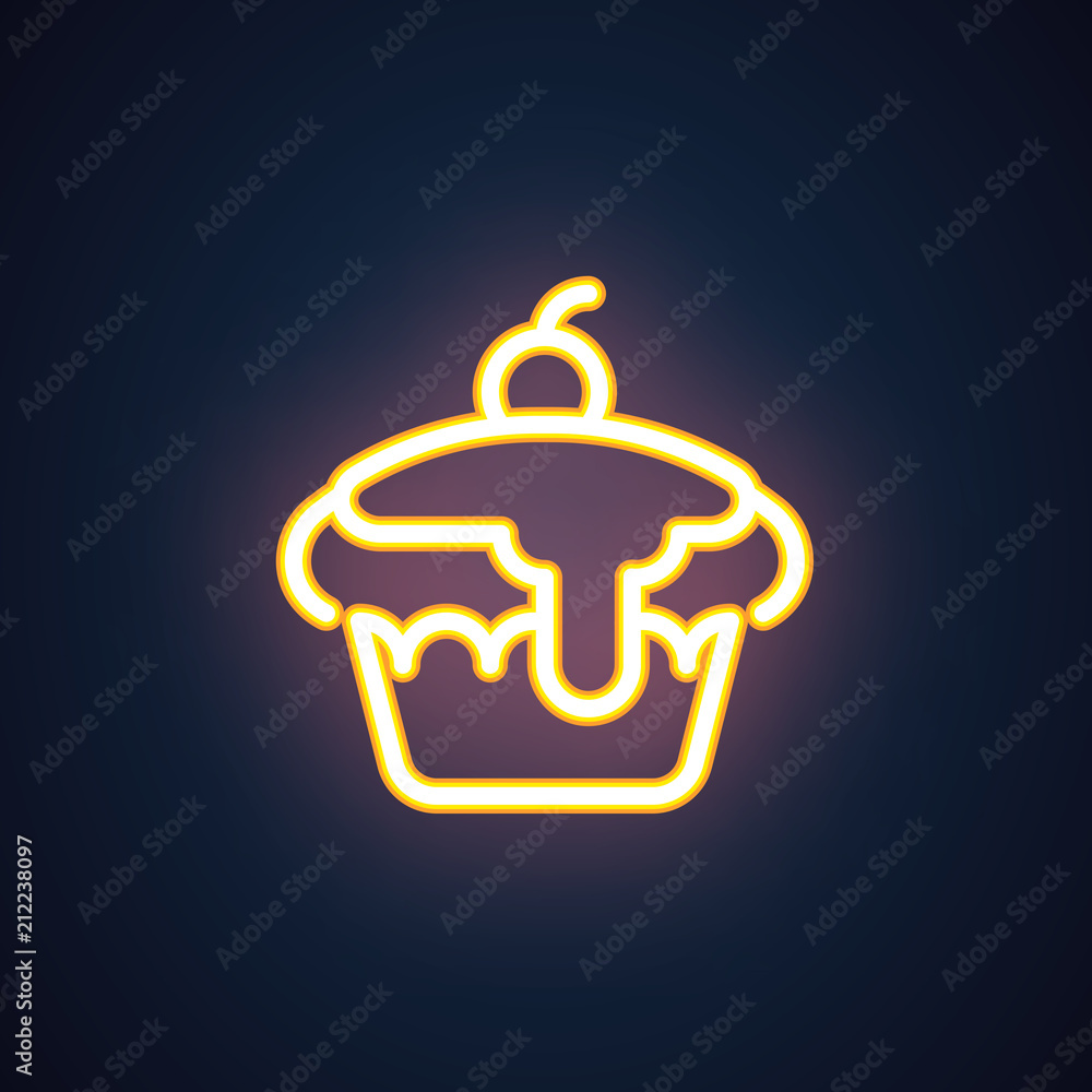 Cake golden neon icon. Confection party symbol. Bright cake illuminated signs for cafe, restaurant, bistro, invitations cards, stores thematic sites and apps. Sweet dessert logo. Festive pie. Cake golden neon icon. Confection party symbol. Bright cake illuminated signs for cafe, restaurant, bistro, invitations cards, stores thematic sites and apps. Sweet dessert logo. Festive pie.