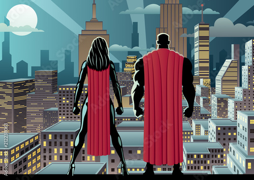 Superhero couple watching over the city at night.