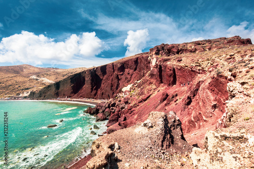 Panoramic view of the seacoast and the Red beach. Santorini, Cycladic islands, Greece. Beautiful summer landscape