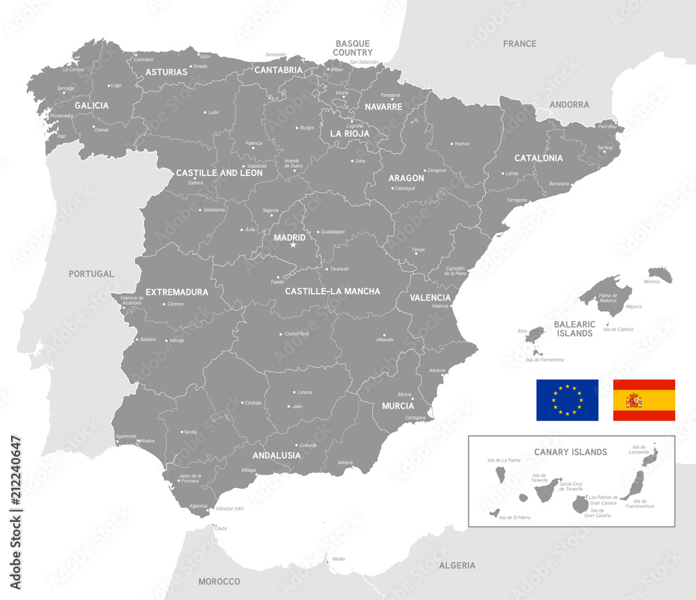 Obraz premium Grey Vector Political Map of Spain