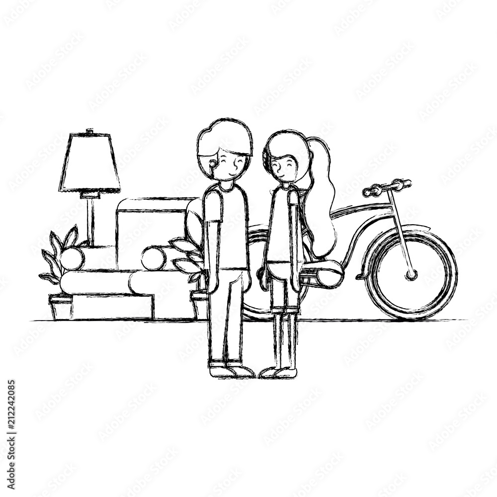 couple in the livingroom with houseplants and bicycle vector illustration