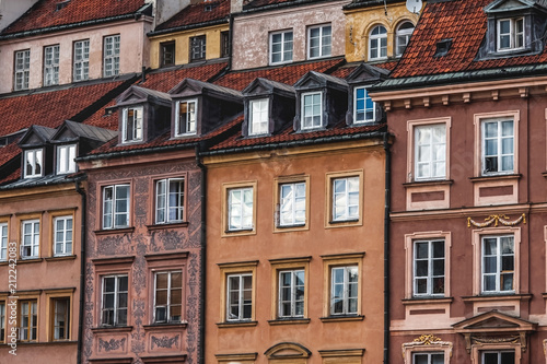 old beautiful town houses; Sights of Warsaw;colorful houses with windows;