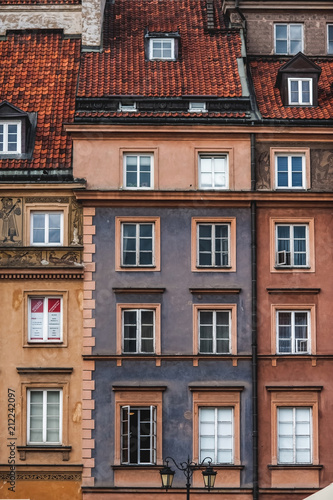 old beautiful town houses; Sights of Warsaw;colorful houses with windows;
