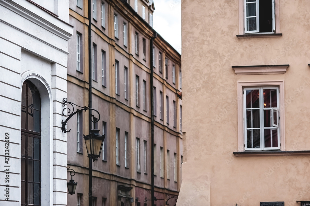 old beautiful town houses; Sights of Warsaw;colorful houses with windows;