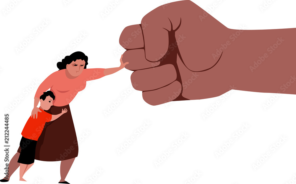 Woman fighting back a giant fist, protecting her child from abuse and domestic violence, EPS 8 vector illustration Woman fighting back a giant fist, protecting her child from abuse and domestic violence, EPS 8 vector illustration