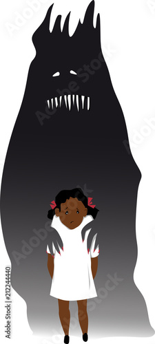 Scary monster holding a little black girl as a metaphor for mental health issues or abuse, EPS 8 vector illustration