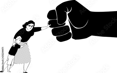 Woman fighting back a giant fist, protecting her child from abuse and domestic violence, EPS 8 black vector silhouette, no white objects