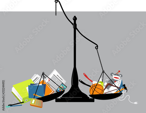 Broken balance scales with office tools on one pan and home-related items on another, representing a work-life balance disturbed, EPS 8 vector illustration
