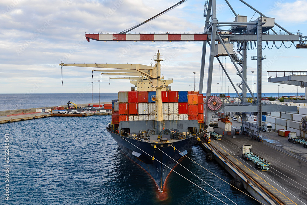 Container ship moored at port