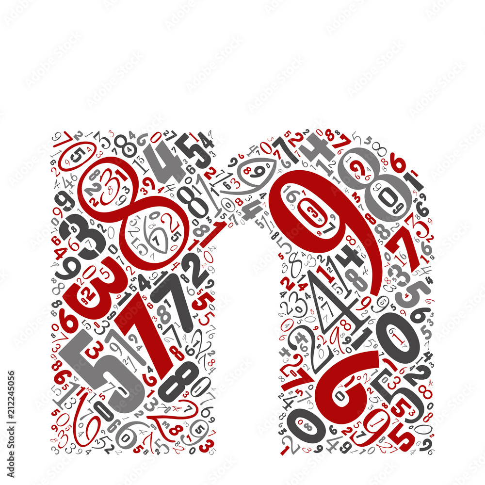 Vector conceptual red, gray and black playful funny education font made of number collection or group on character shapes isolated on white background. A modern art alphabet learning element design