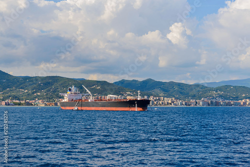 Cargo vessel at sea approaching port photo