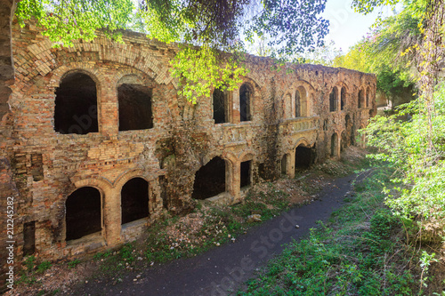 old destroyed building with arches overgrown with plants near wall at sunny day