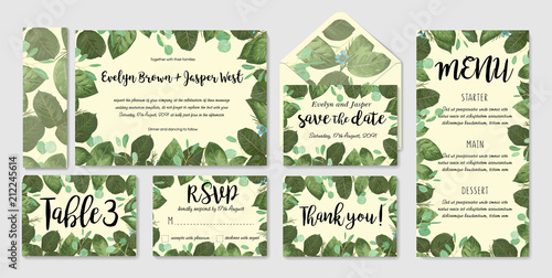 Wedding invitation frame set; flowers, leaves, watercolor. Sketched wreath, floral and herbs garland with green, greenery color. Handdrawn Vector Watercolour style