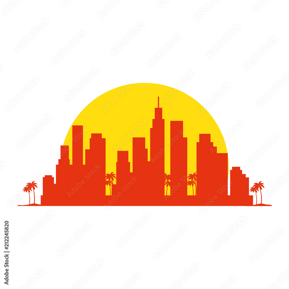 cityscape buildings with palms silhouette scene