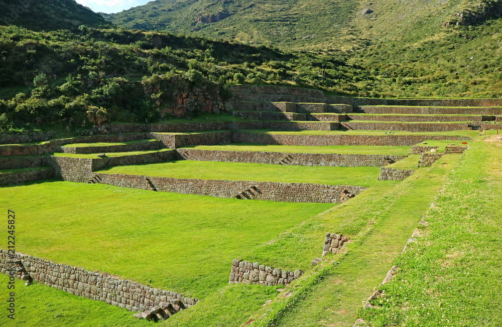 Sprawling ancient agricultural terraces of Tipon in  the Sacred Valley, Cusco region, Peru 