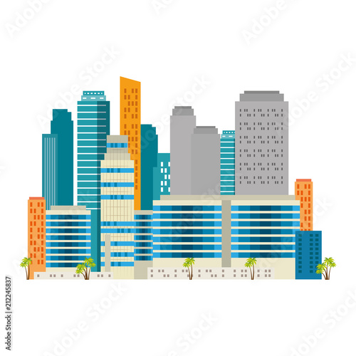 cityscape buildings with palms scene