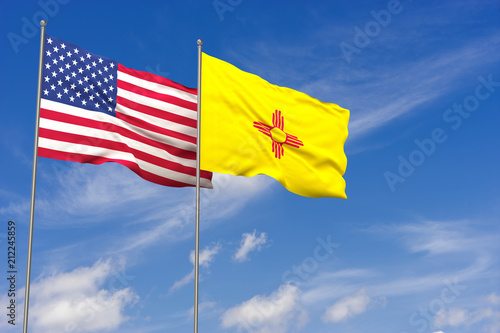 USA and New Mexico flags over blue sky background. 3D illustration