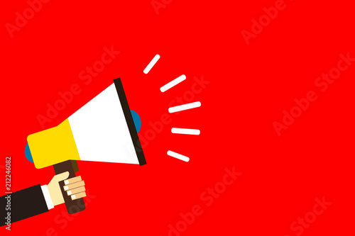 Flat design business illustration concept Digital marketing business megaphone for website and promotion banners. Cartoon human hand holding empty social media copy space text.