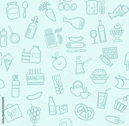Food, seamless pattern, light blue, contour, grocery store, vector. Food and drinks, production and sale. Vector background. Blue line icons on a light field.  