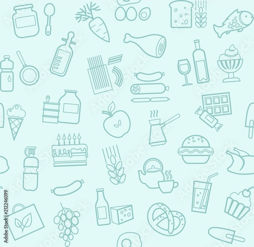 Food  seamless pattern  light blue  contour  grocery store  vector. Food and drinks  production and sale. Vector background. Blue line icons on a light field.  