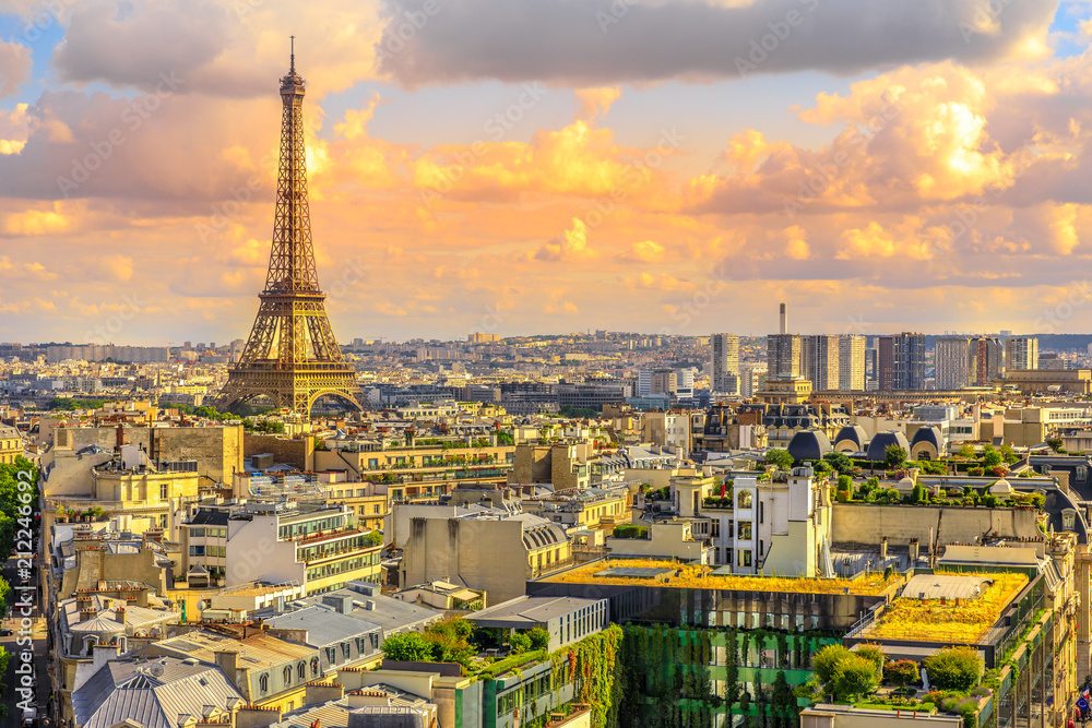 Paris sunset skyline aerial view from top of Arc de Triomphe on Champs  Elysees street. Distant Tour Eiffel tower Landmark in Paris, France,  Europe. Stock Photo | Adobe Stock
