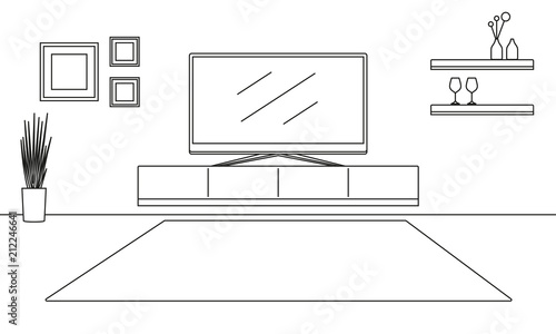 Living room interior outline sketch. Line style furniture: TV shelf, flowerpot, pictures on the wall, carpet. Vector illustration.