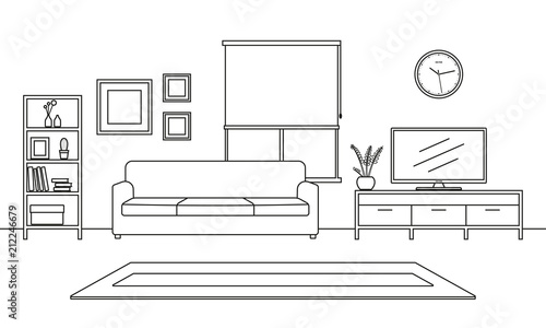 Living room interior outline sketch. Line style furniture: sofa, bookshelf, TV shelf, flowerpot, pictures on the wall, carpet. Vector illustration