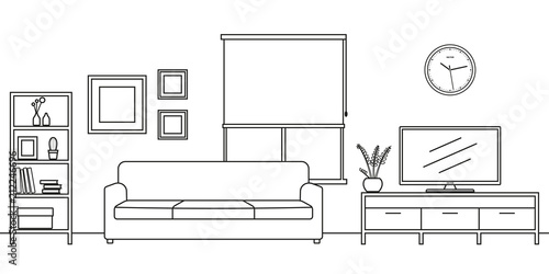 Living room interior outline sketch. Line style furniture: sofa, bookshelf, TV shelf, flowerpot, pictures on the wall. Vector illustration.