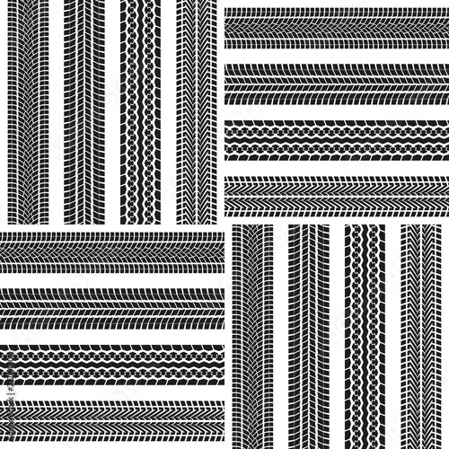 Tire track or tyre tread seamless background. Car tire print pattern. Vector illustration.