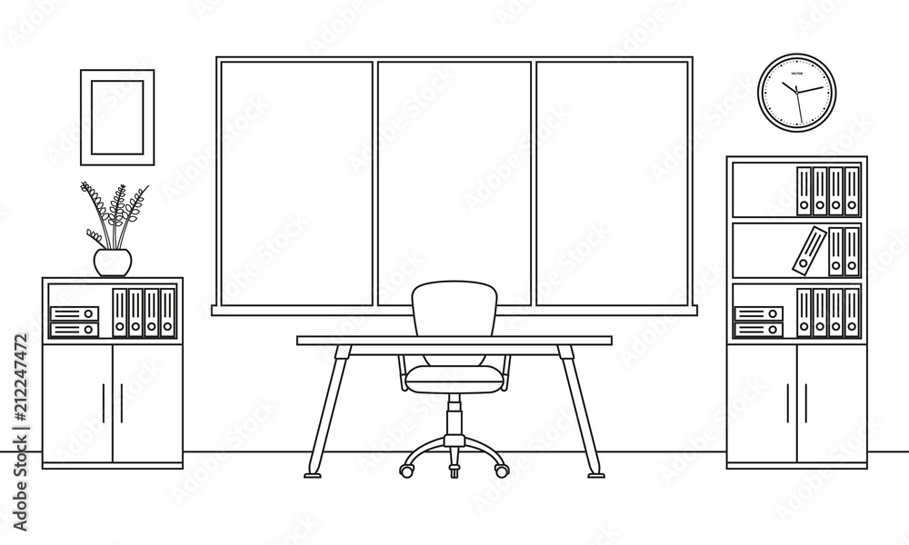 Vecteur Stock Office interior outline sketch. Modern business workspace