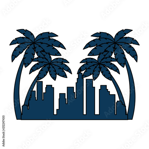 cityscape buildings with palms silhouette scene vector illustration design