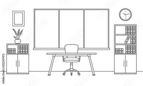 Office interior outline sketch. Modern business workspace with office furniture: chair, desk, computer, bookcase, clock on the wall and window. Vector illustration.