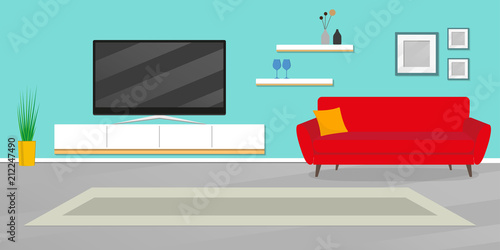 Living room interior. Modern room furniture. Interior design with sofa, TV shelf, flowerpot, pictures on the wall, carpet. Vector illustration.