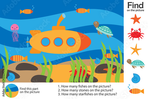 Activity page  sea world underwater in cartoon style  find images  answer the questions  visual education game for the development of children  kids preschool activity  worksheet  vector illustration