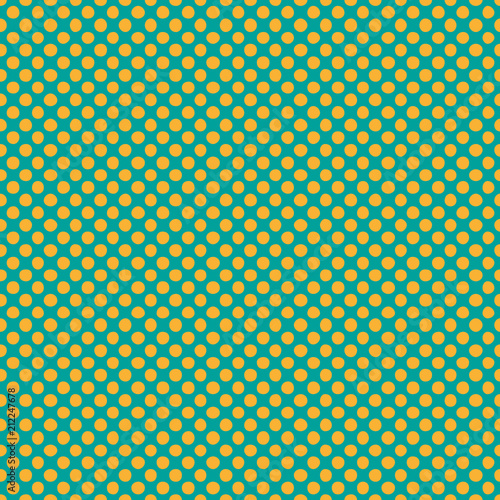 Dotted seamless pattern. Yellow dots on blue-green background. Fabric, wrapping print. Vector illustration