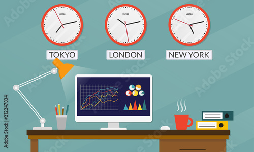 Office desk or table with computer monitor. Business workspace or office interior with wall clock set with different time zones. Workplace in flat style. Vector illustration. 