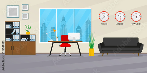 Office interior design. Modern business workspace with office chair, desk, computer, bookcase, window, sofa and wall clock set with different time zones. Vector illustration.