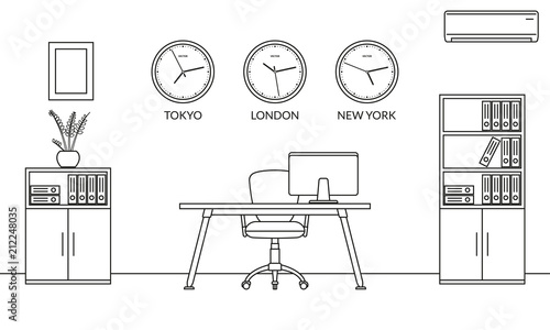 Office interior design outline sketch. Line style business workspace with office chair, desk, computer, bookcase and wall clock set with different time zones. Vector illustration.