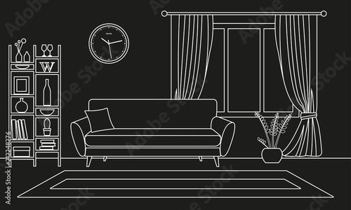 Living room interior outline sketch. Line style interior design with window and furniture: sofa, bookshelf, flowerpot, carpet. Vector illustration.