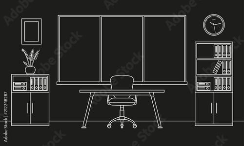 Office interior outline sketch. Modern business workspace with office furniture: chair, desk, computer, bookcase, clock on the wall and window. Vector illustration.