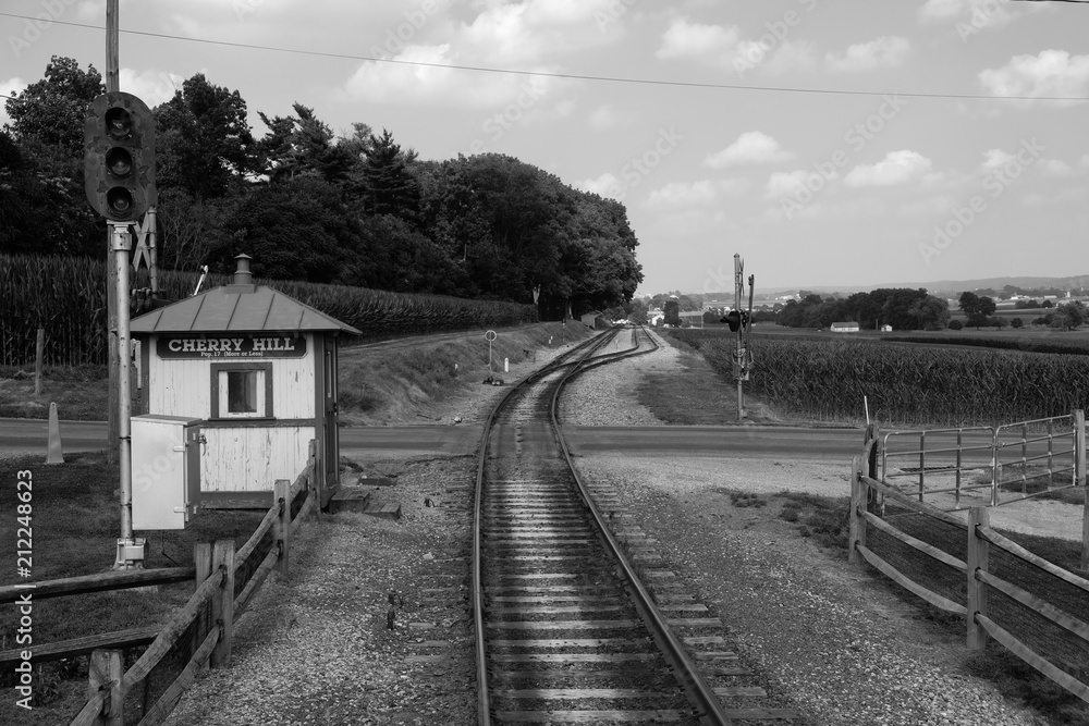 Railroad crossing with road and tracks