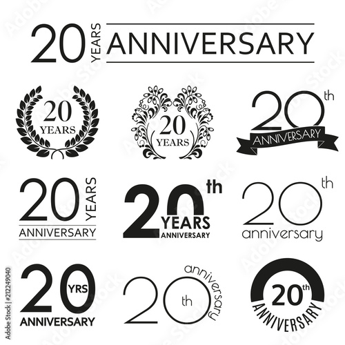 20 years anniversary icon set. 20th anniversary celebration logo. Design elements for birthday, invitation, wedding jubilee. Vector illustration.