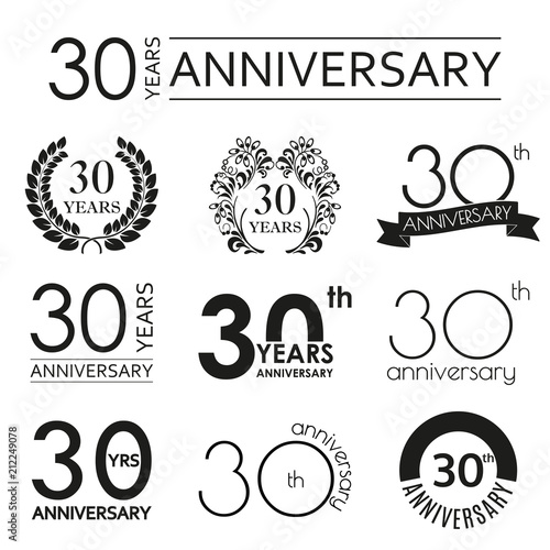30 years anniversary icon set. 30th anniversary celebration logo. Design elements for birthday, invitation, wedding jubilee. Vector illustration.