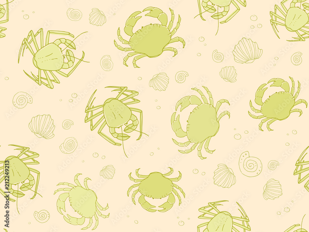 Seamless underwater vector pattern with repeated crabs and shells in coral red palette. Hand drawn grceen colorful print for textile, paper design, backgrounds. Seabed sketchy ornament Seamless underwater vector pattern with repeated crabs and shells in coral red palette. Hand drawn grceen colorful print for textile, paper design, backgrounds. Seabed sketchy ornament