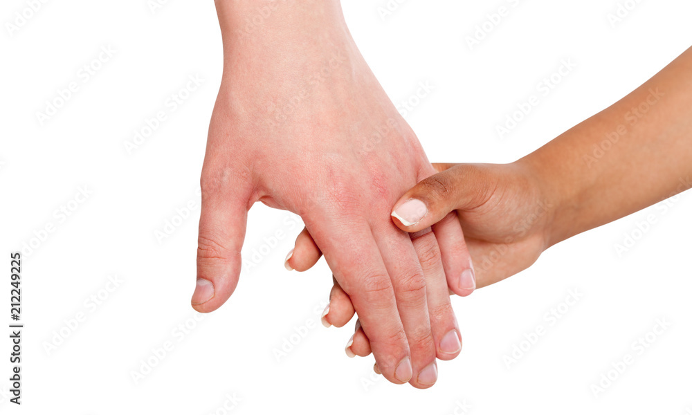 Holding hands couple of a mixed race on white background. Holding hands couple of a mixed race on white background.