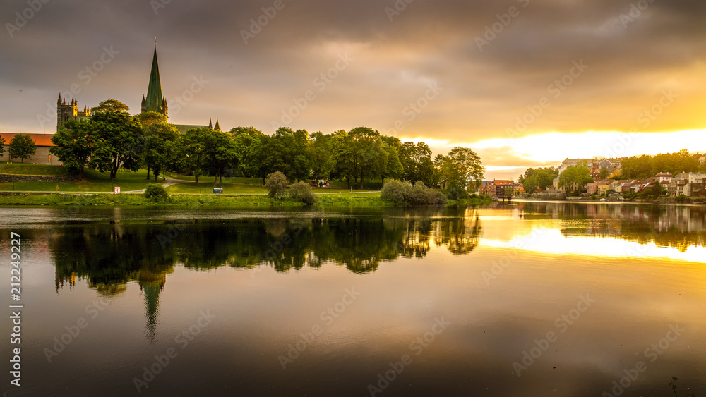 View of the Cathedral in Trondheim at sunrise. Norway